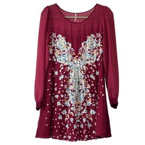 Free People Merlot Boho Floral Sheer‎ Long Sleeve Skater Mini Dress   Sz 6